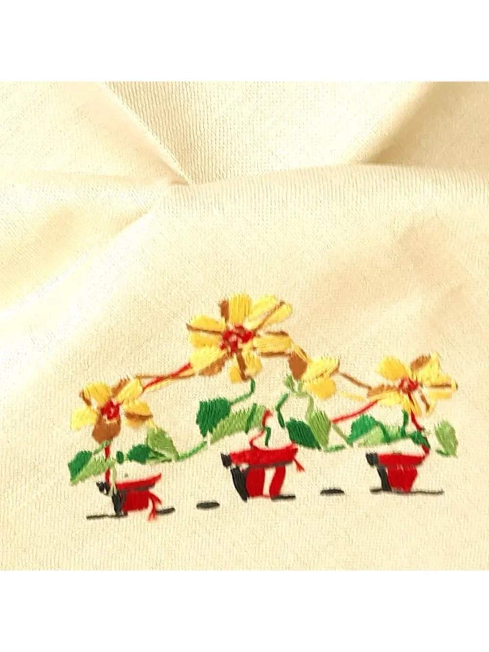 Vintage Embroidered Floral Linen Tablecloth w 4 Napkins Brown Trim & Potted Yell